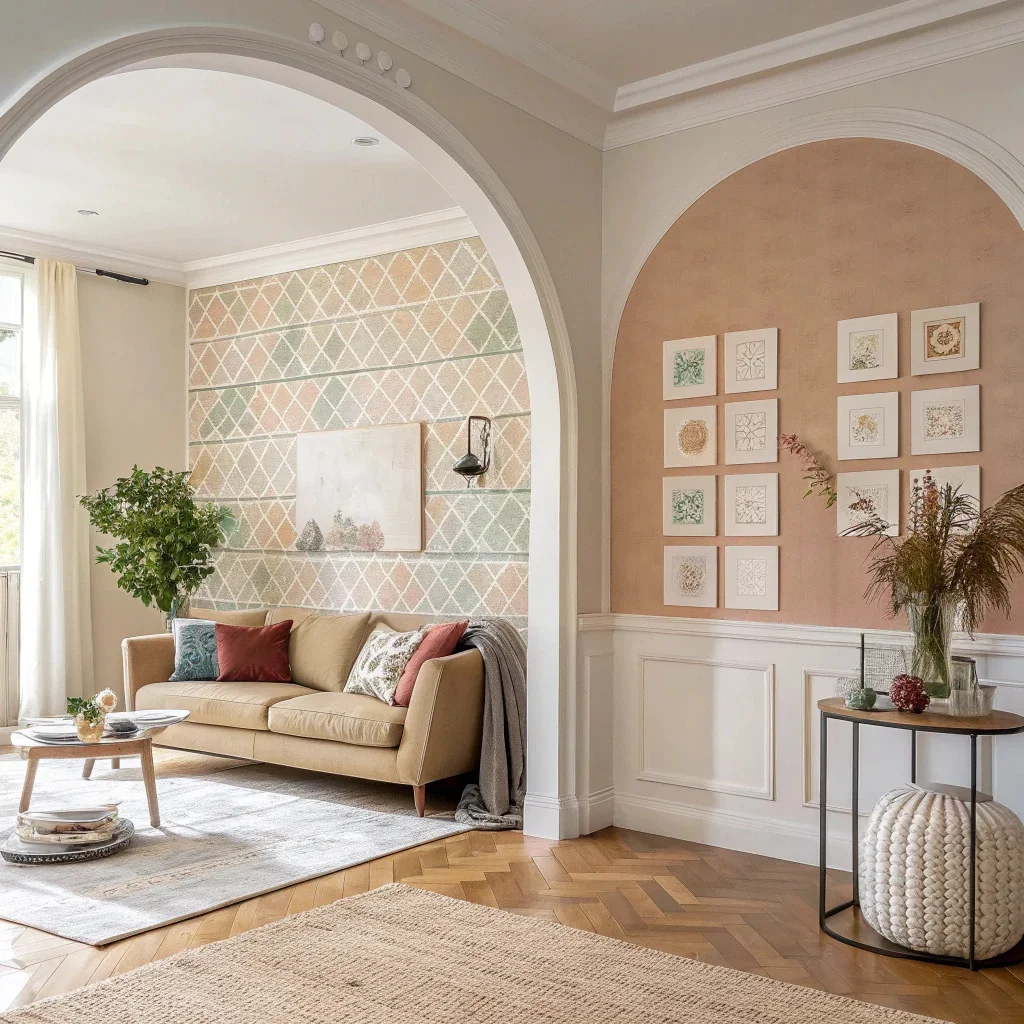 Painted arch feature wall with a precise grid, removable wallpaper samples, and a clean modern living room setup.