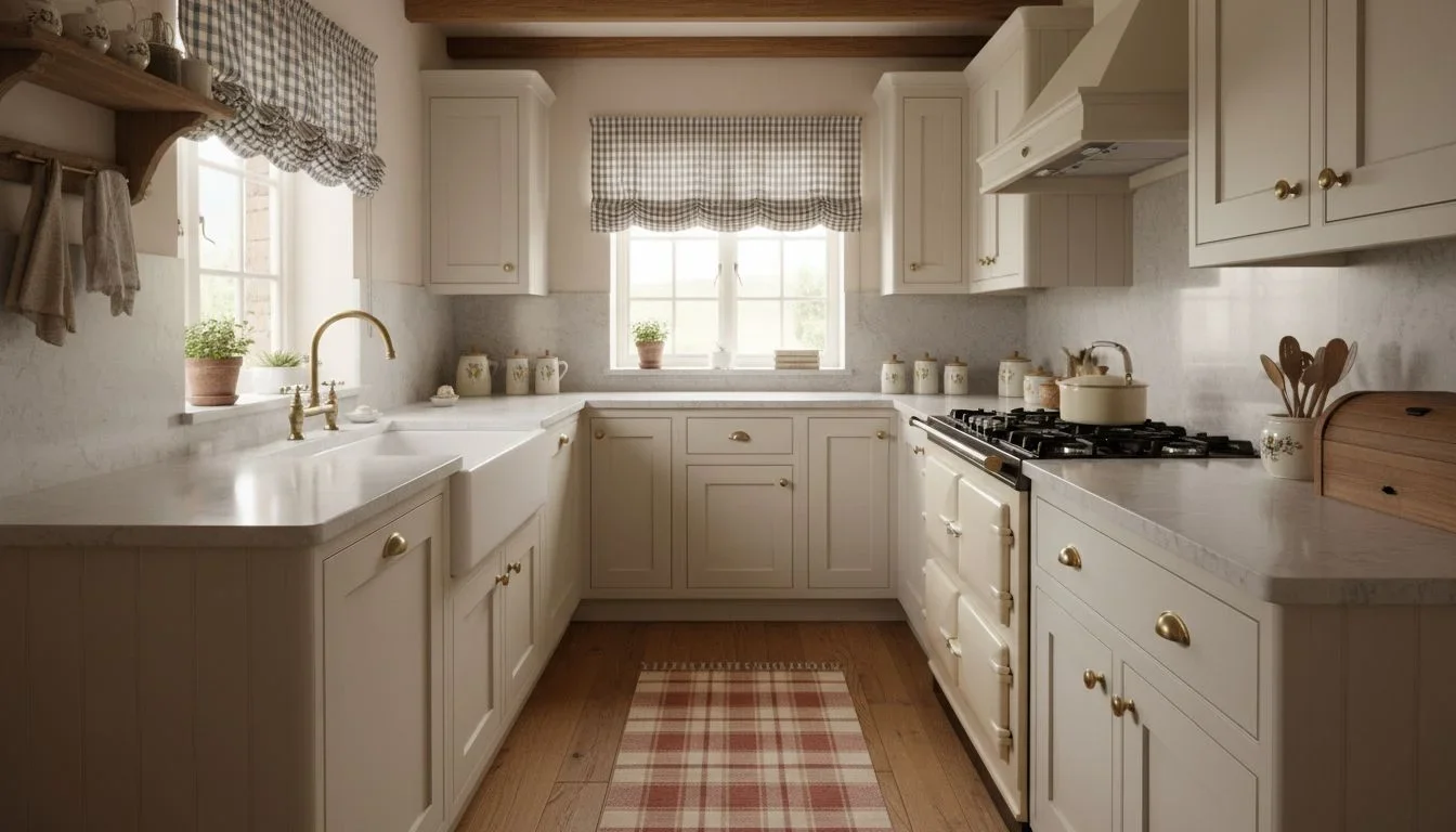 Galley kitchen with plaid roman shade