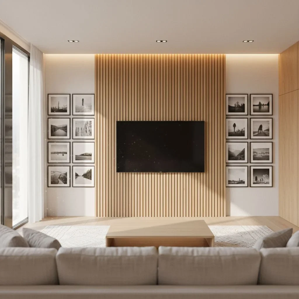 Modern living room with oak slatted media wall decor