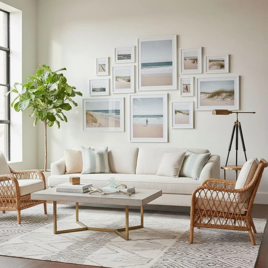 Coastal decor with beach art and breezy sunlight