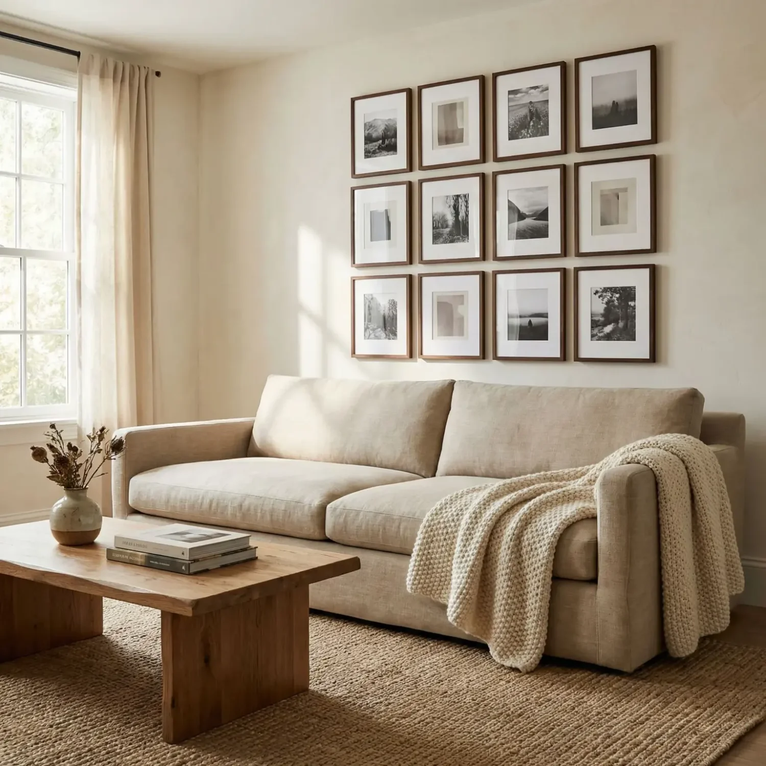 Framed photo grid above sofa on living room wall