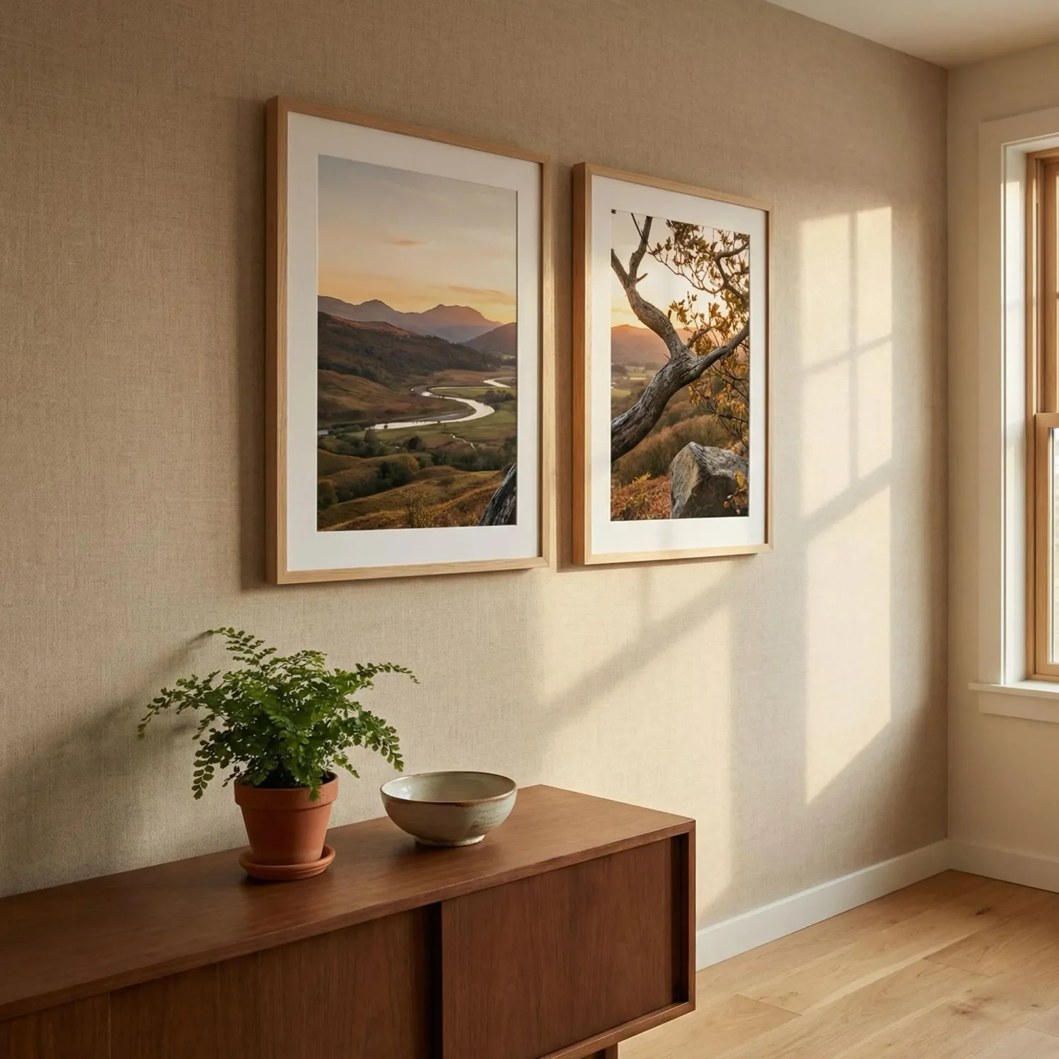 Diptych framed photos paired on a living room wall