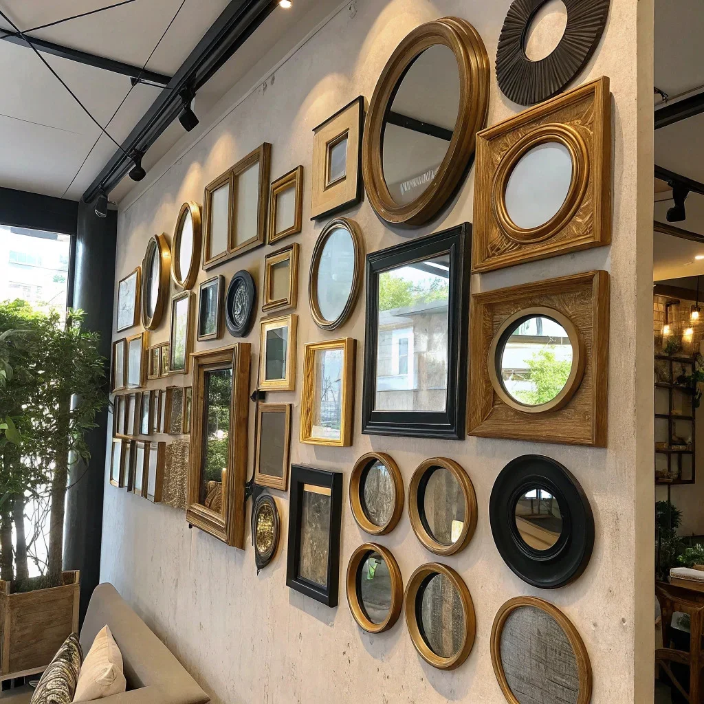 Wall with clustered mix of circular and square mirrors in different frames.