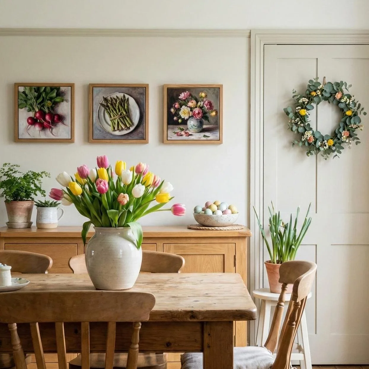 Cozy dining room with tulips, spring wreath, and food art
