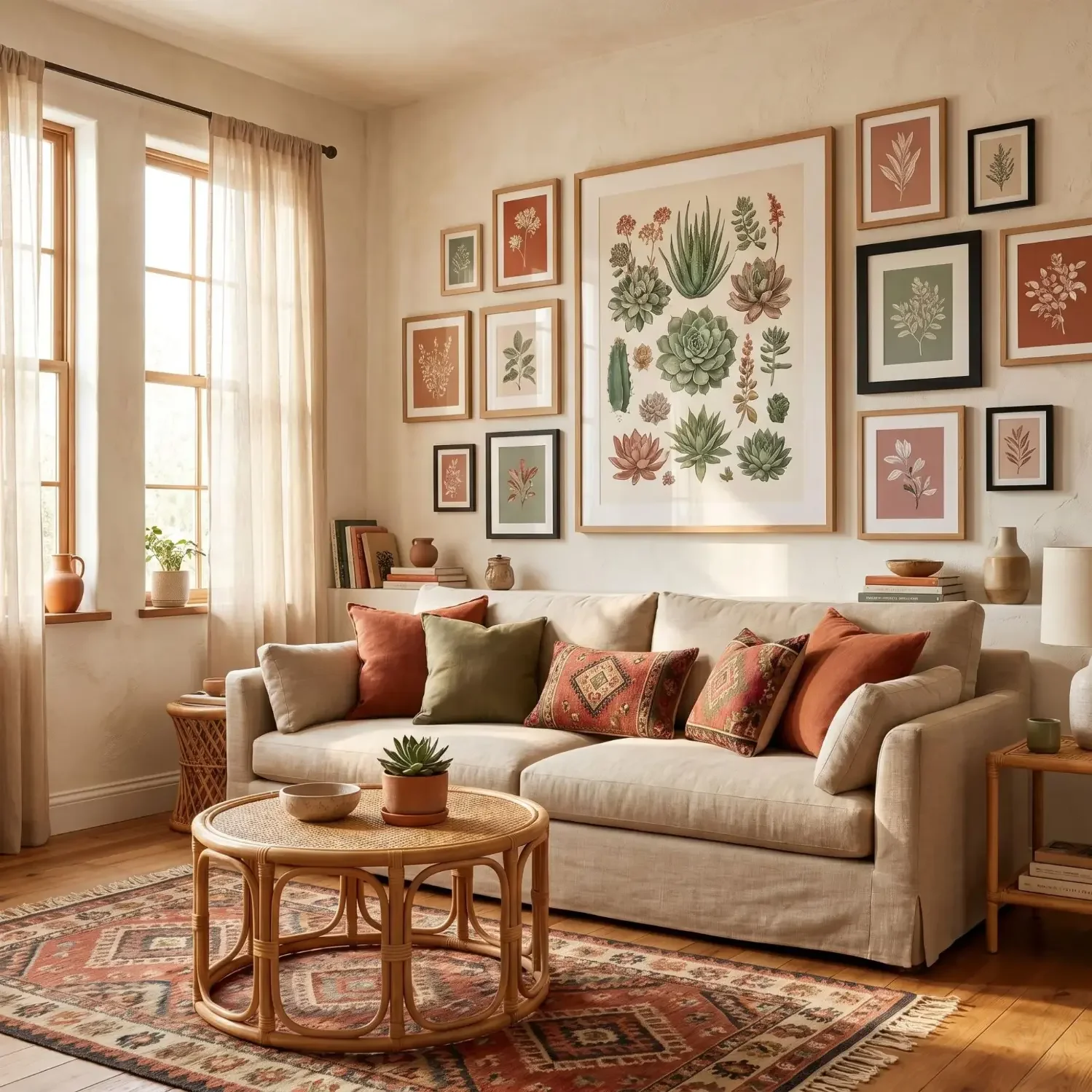Succulent botanical art gallery wall in living room