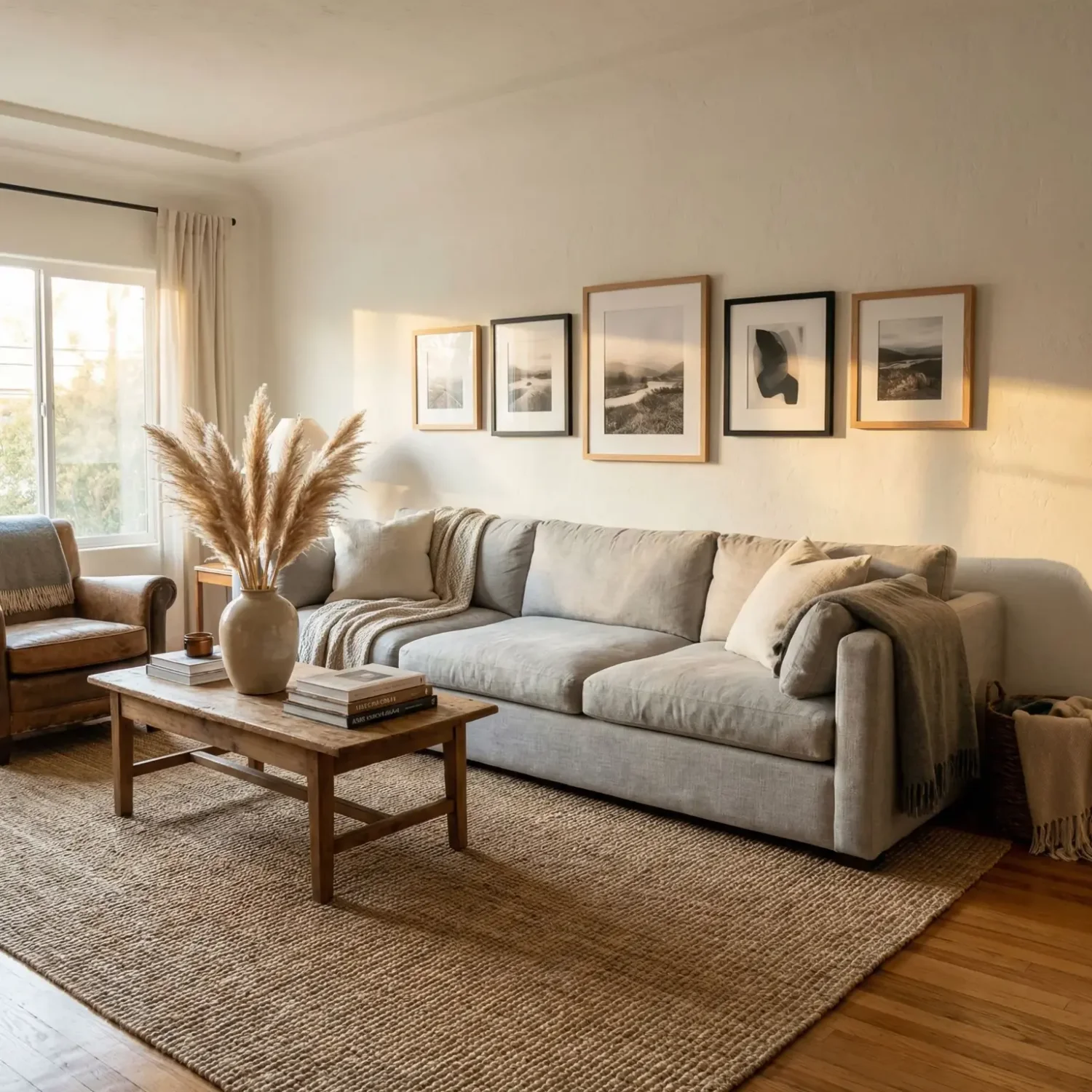 Framed photos above sofa in proper proportion