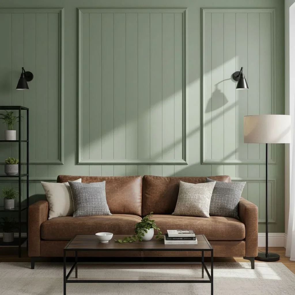 Sage green vertical shiplap accent wall