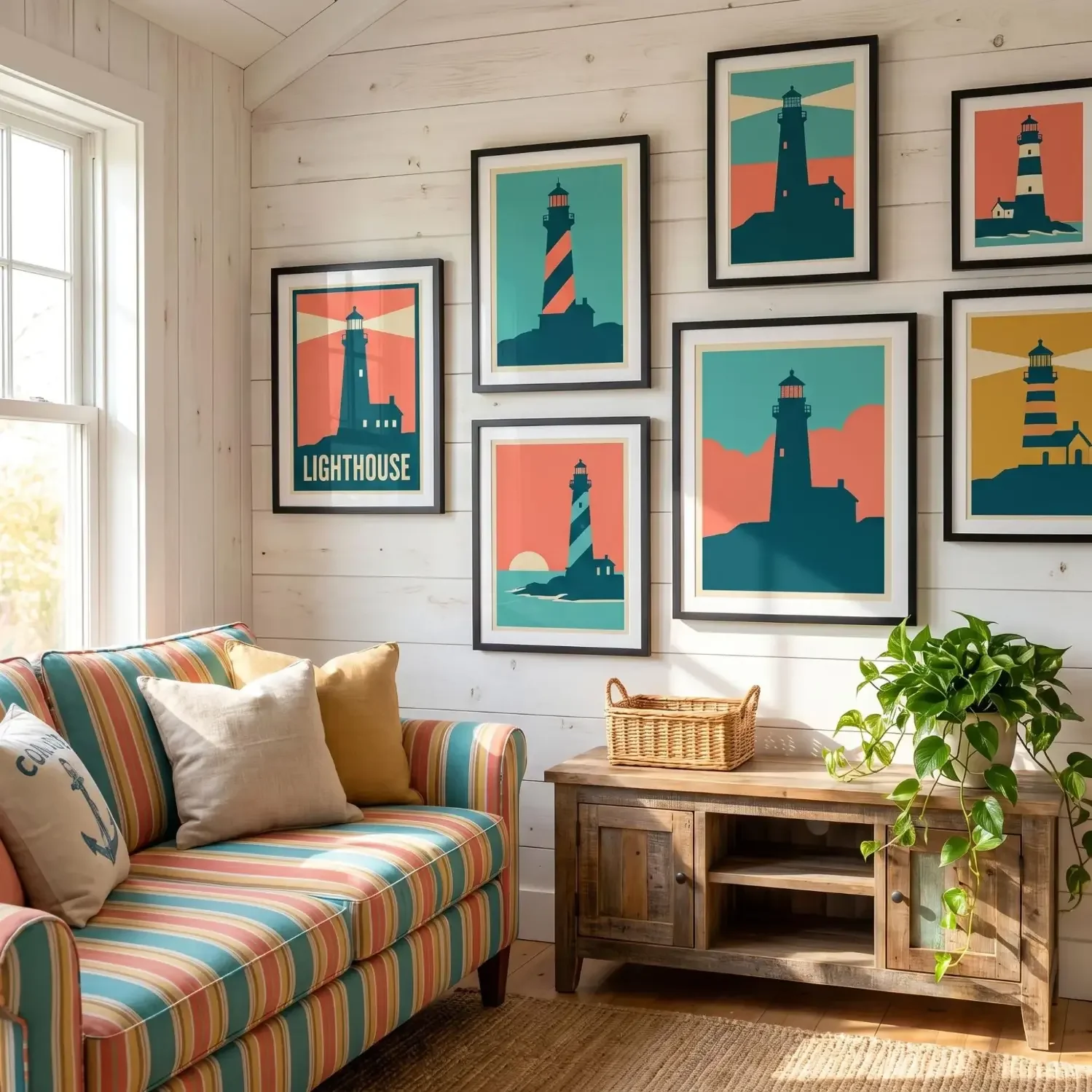 Colorful living room with vintage lighthouse poster prints