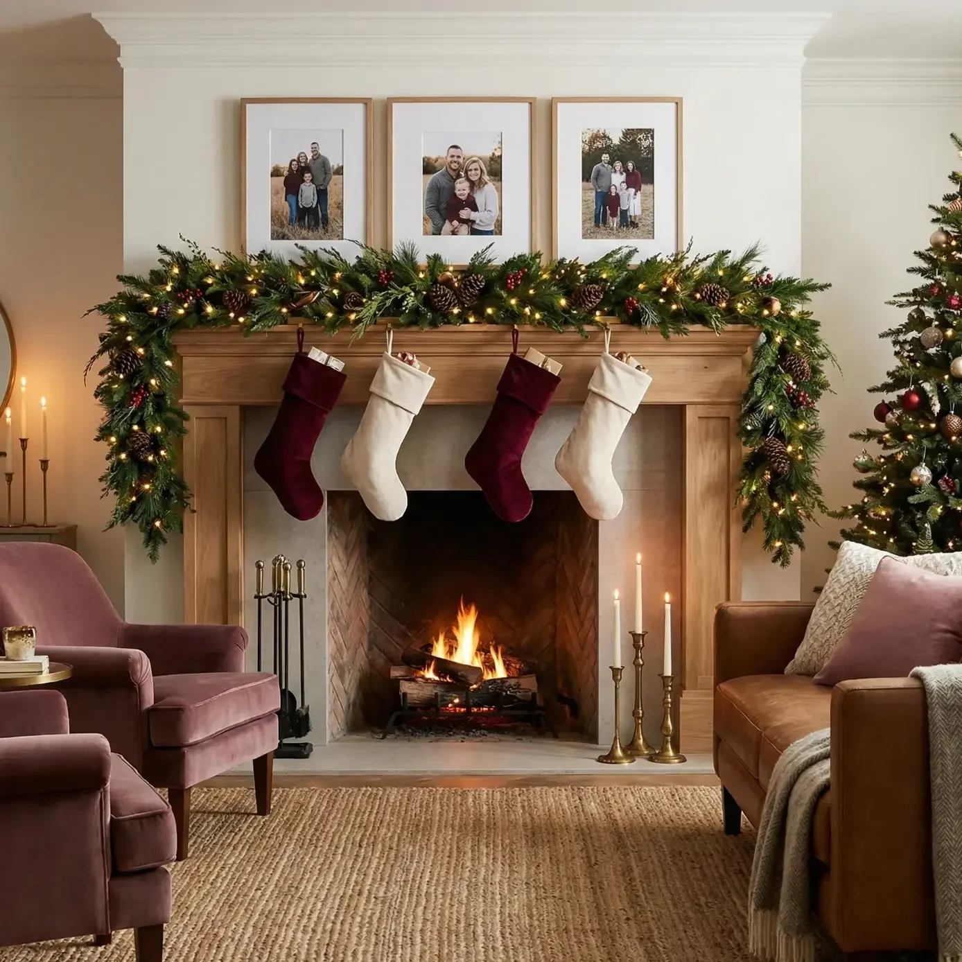 Festive living room with fireplace garland, stockings, and tree