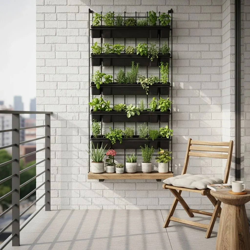 Vertical herb planters on a compact city balcony