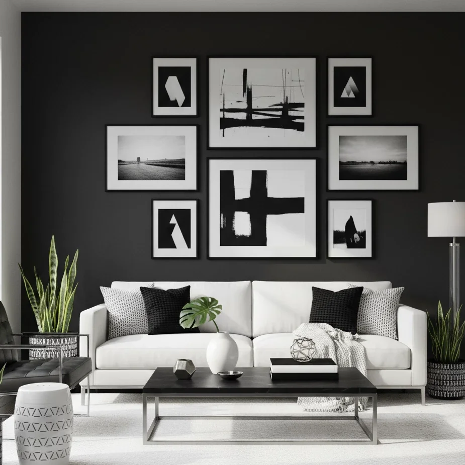 Black-and-white gallery wall above modern white sofa