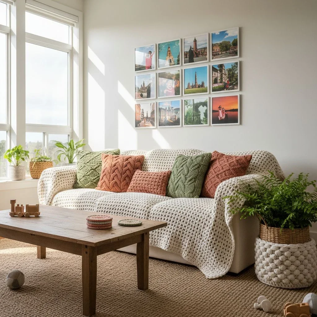 Cozy and sunny living room with crochet-themed sofa and picture tiles against wall