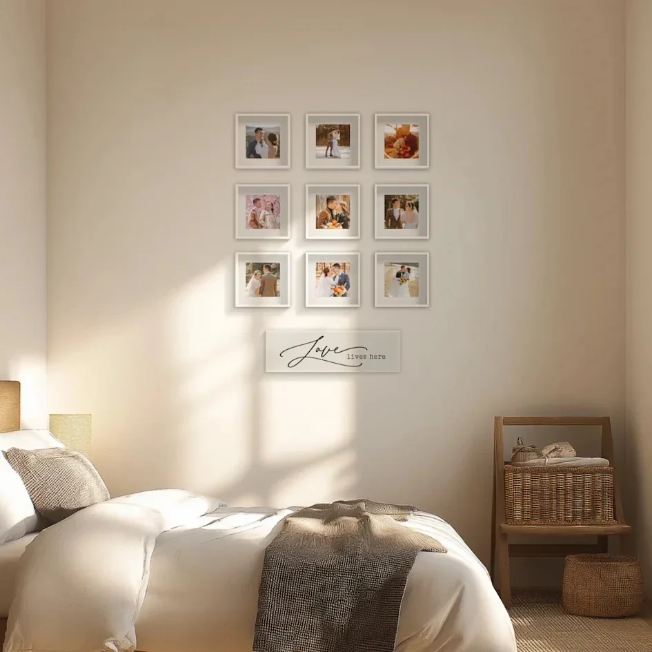 Soft sunlit bedroom with photo grid and “Love lives here” sign