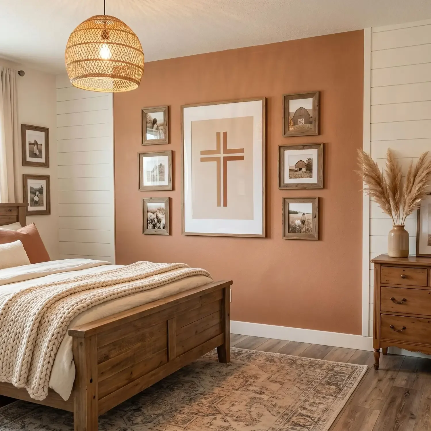 Farmhouse bedroom with cross framed wall art