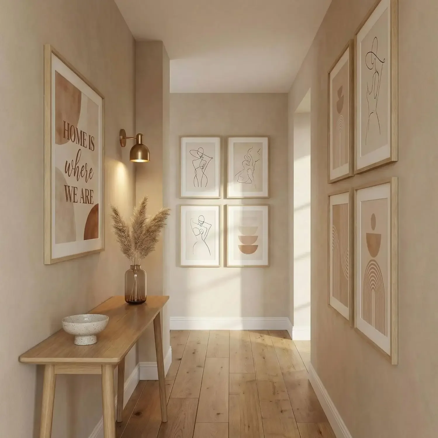 Staggered framed pictures in minimalist entryway