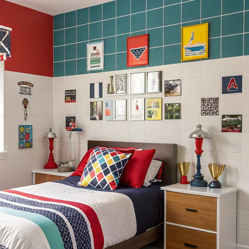 Kids or teen bedroom featuring colorful, swappable photo tiles and removable decals styled above a bed or desk.