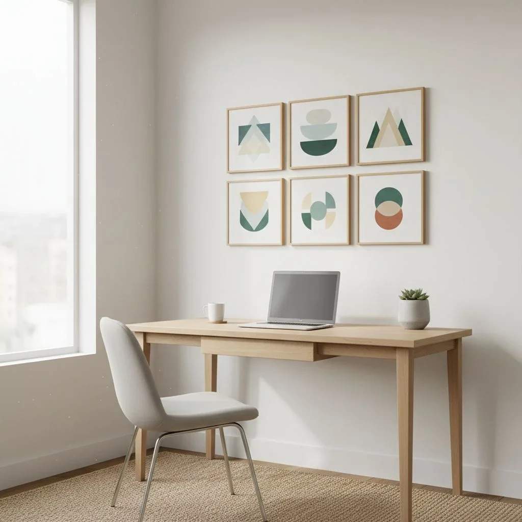 six geometric prints hang above minimalist home workspace