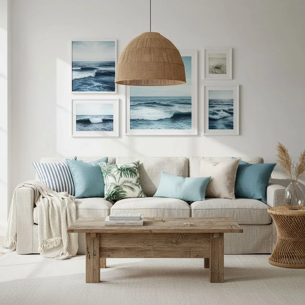 Coastal living room with beachy decor and wall art