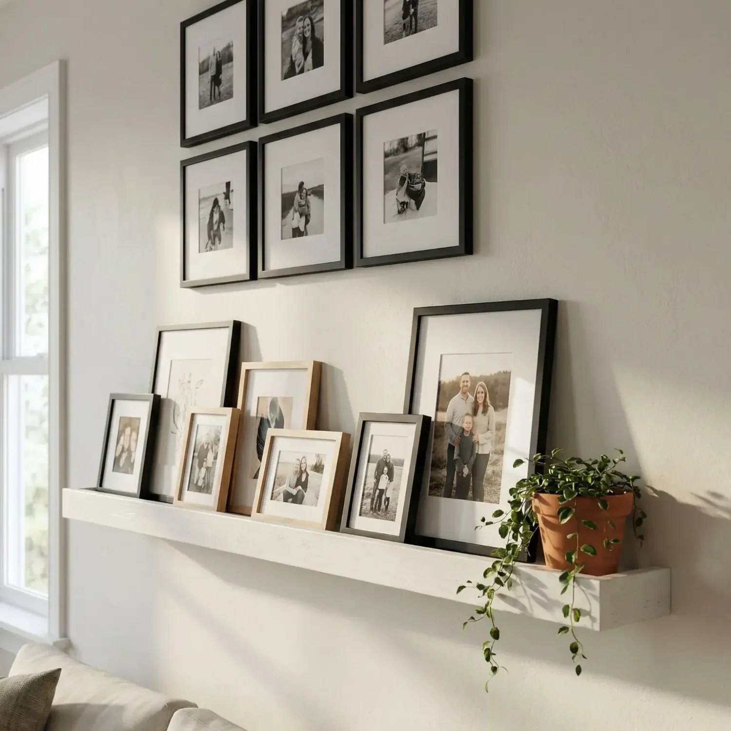 Floating ledge with framed photos and gallery wall
