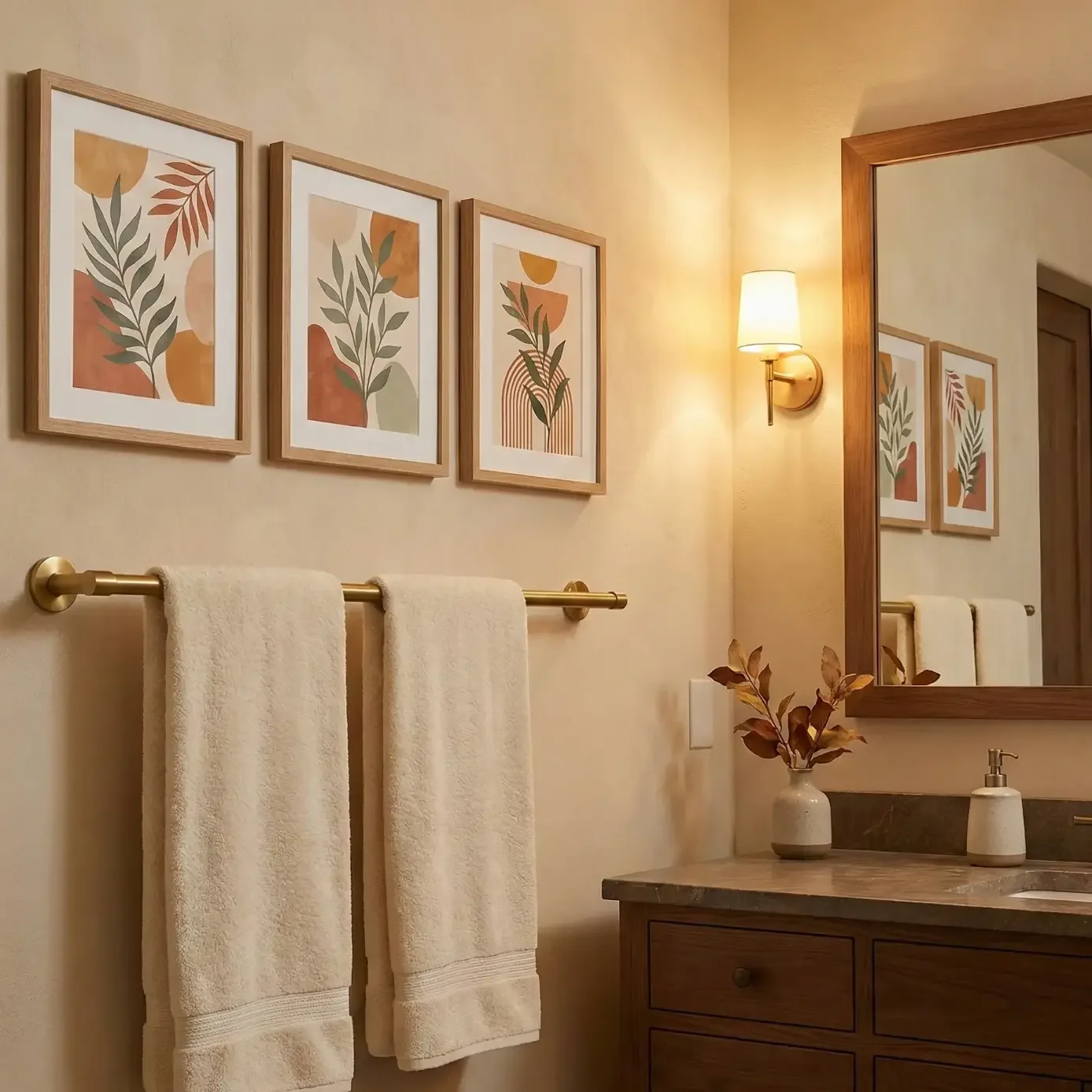 Warm guest bath with framed prints and plush white towels.