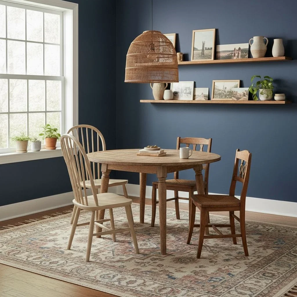 Dining nook with vintage rug and mismatched chairs