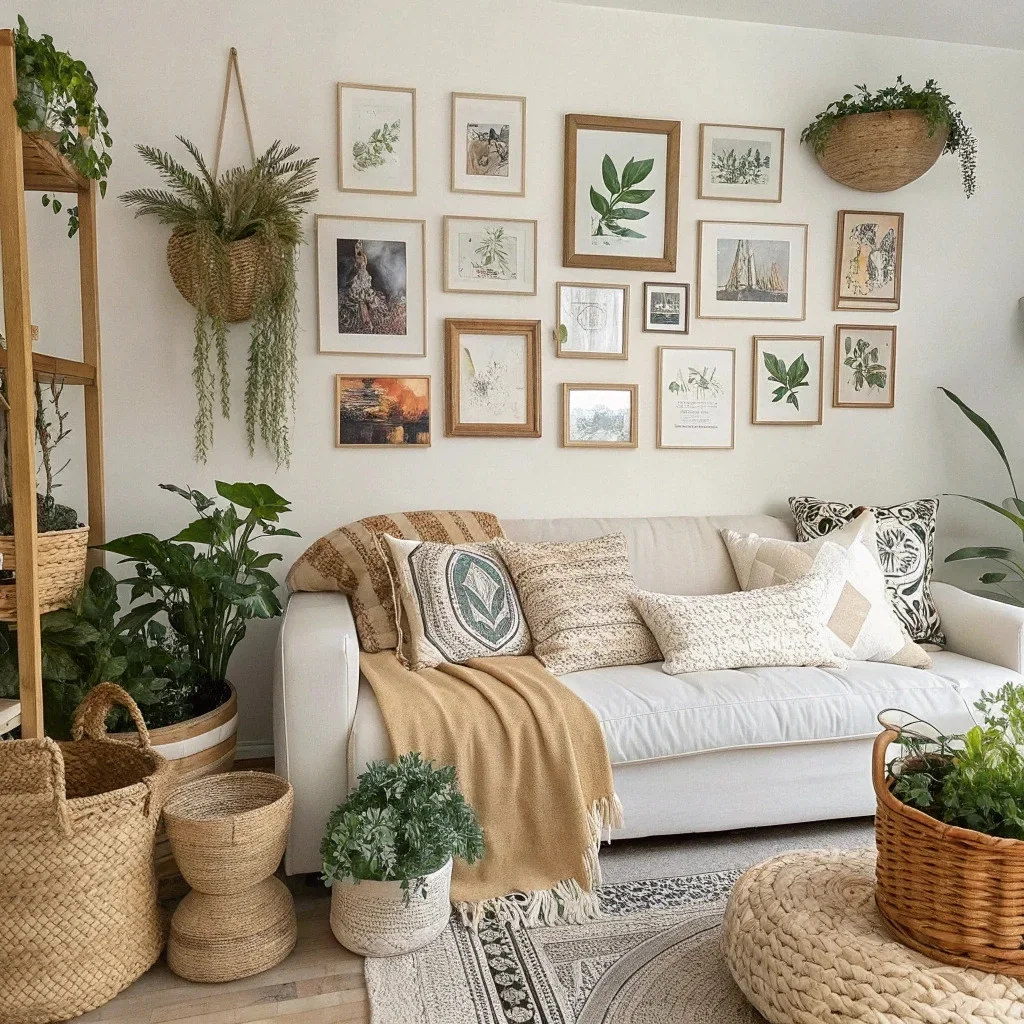A boho-style living room with a sofa, an organic cluster of earthy-toned art above it, greenery, and woven textures.