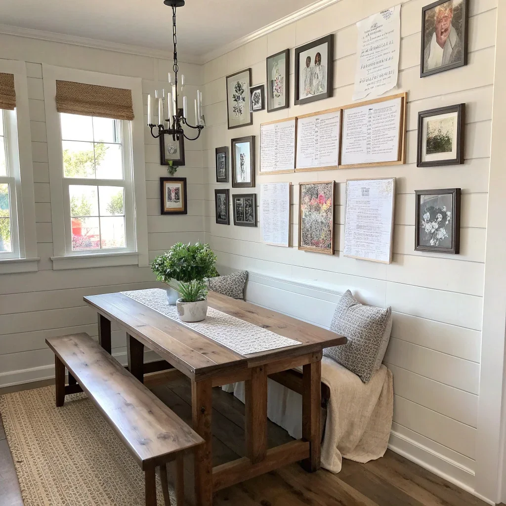 Farmhouse dining room with a centered wall gallery featuring recipe cards, heirloom family photos, and vintage still-life prints in matching frames above a table with a linen runner and bench seating.