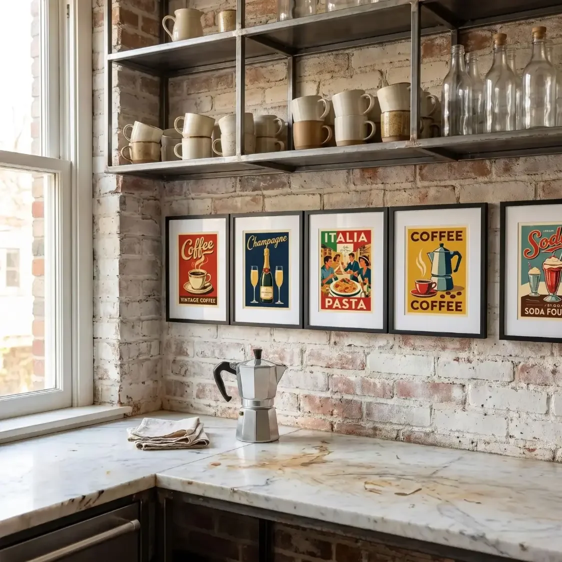 Retro advertising poster framed art in bistro kitchen