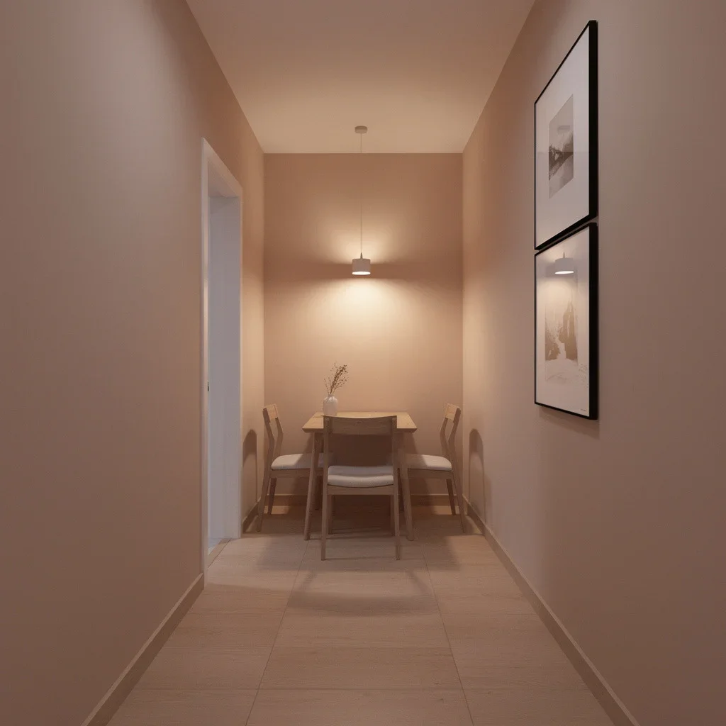 Long hallway with table and chairs at the end