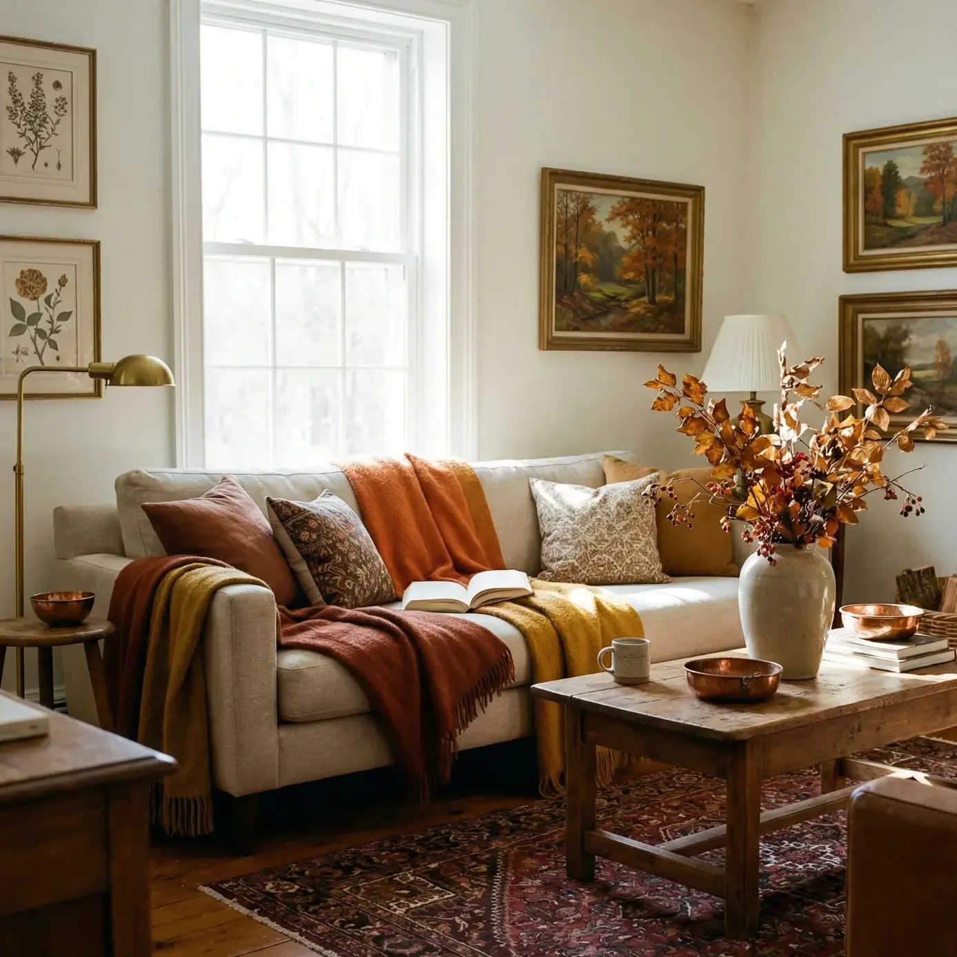 Cozy fall living room with throws, books, and warm decor