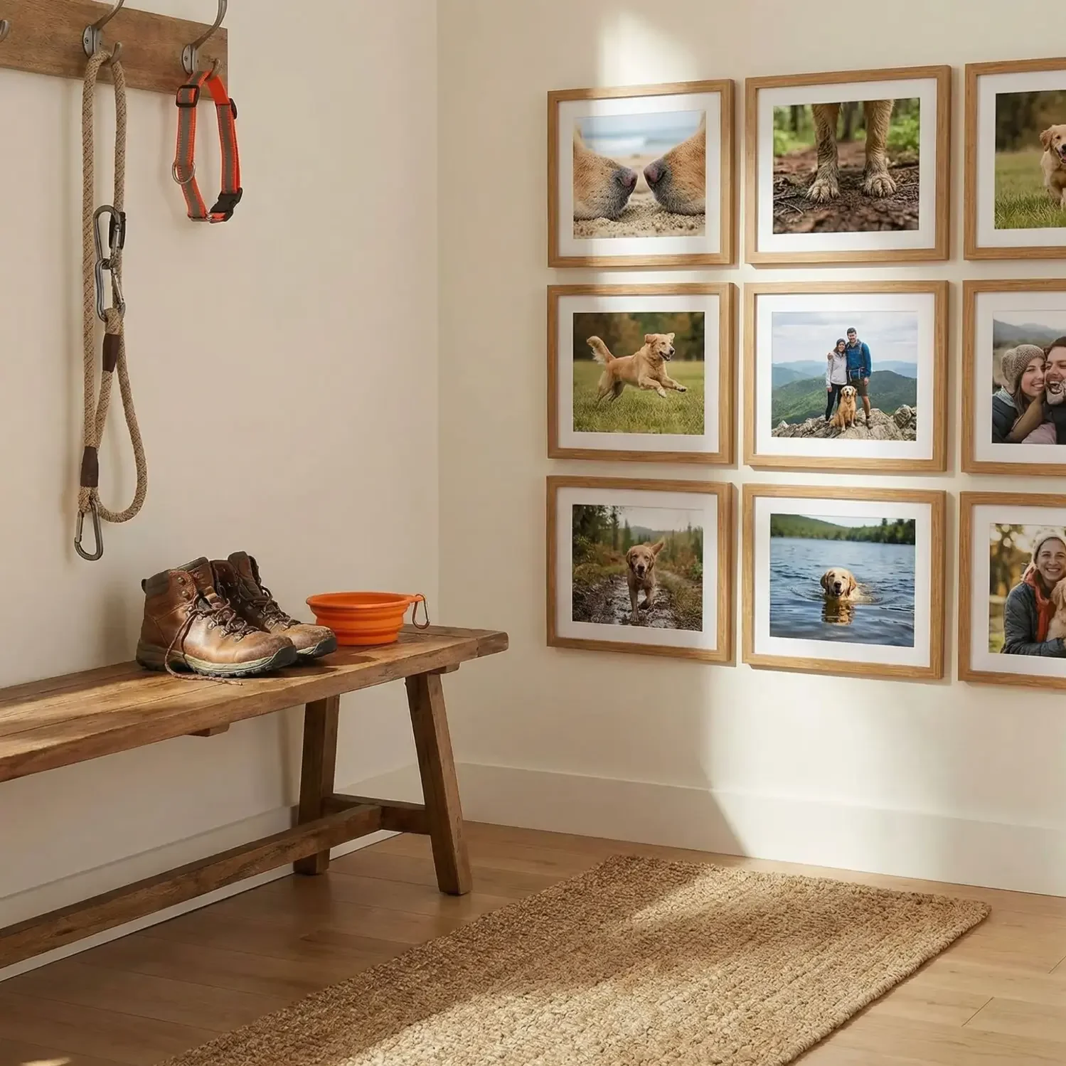 Adventure dog framed photo collage in entryway