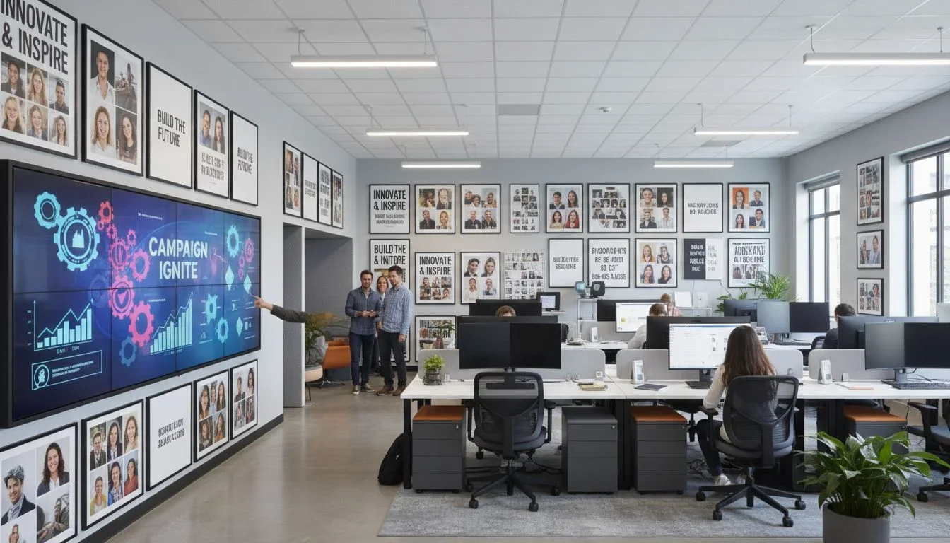 Open office with motivational and team photo walls