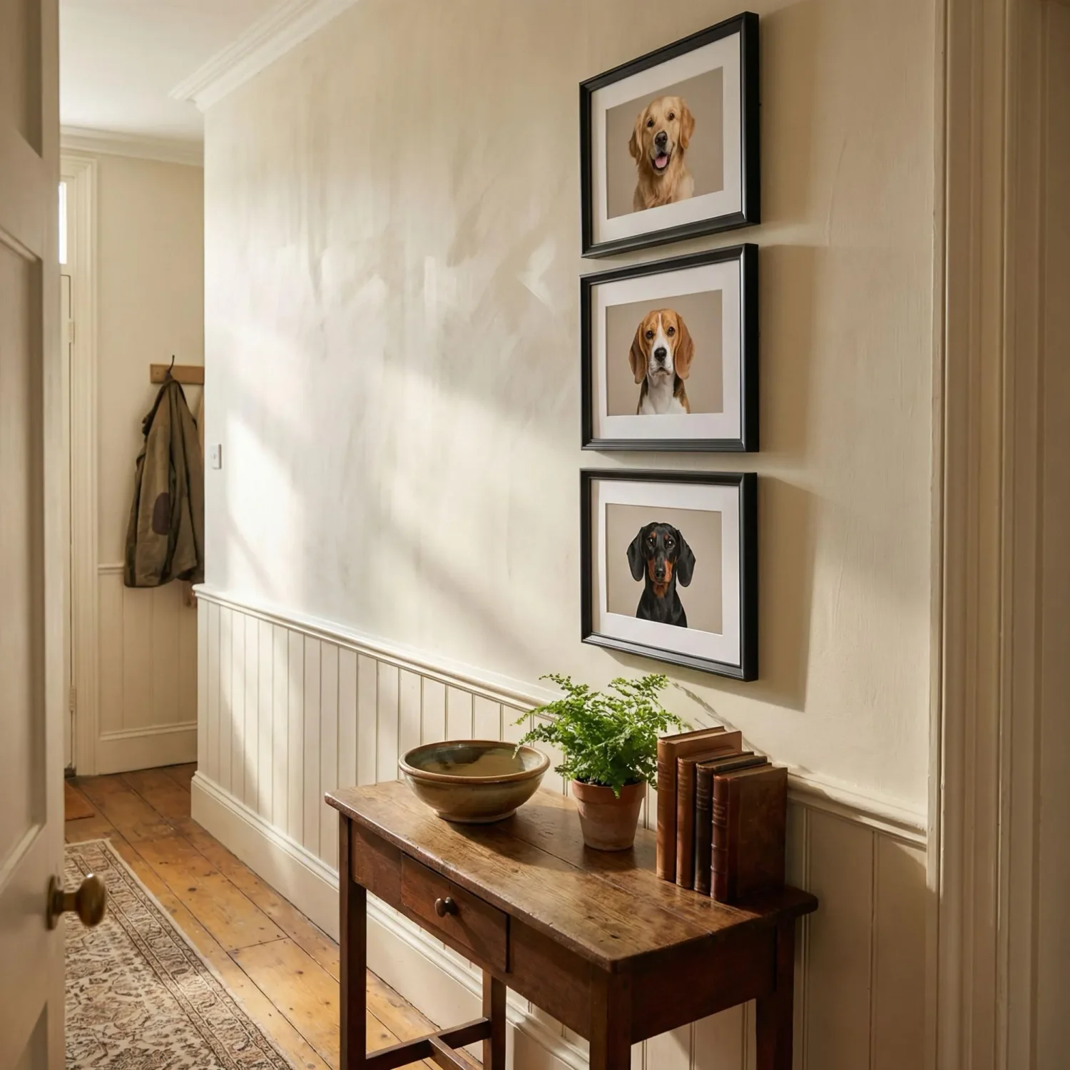 Three stacked dog photo frames in a narrow hallway