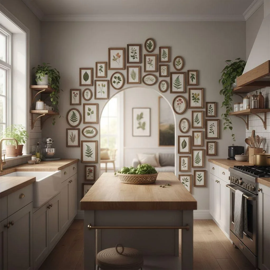 Gallery wall of botanical art around a kitchen doorway