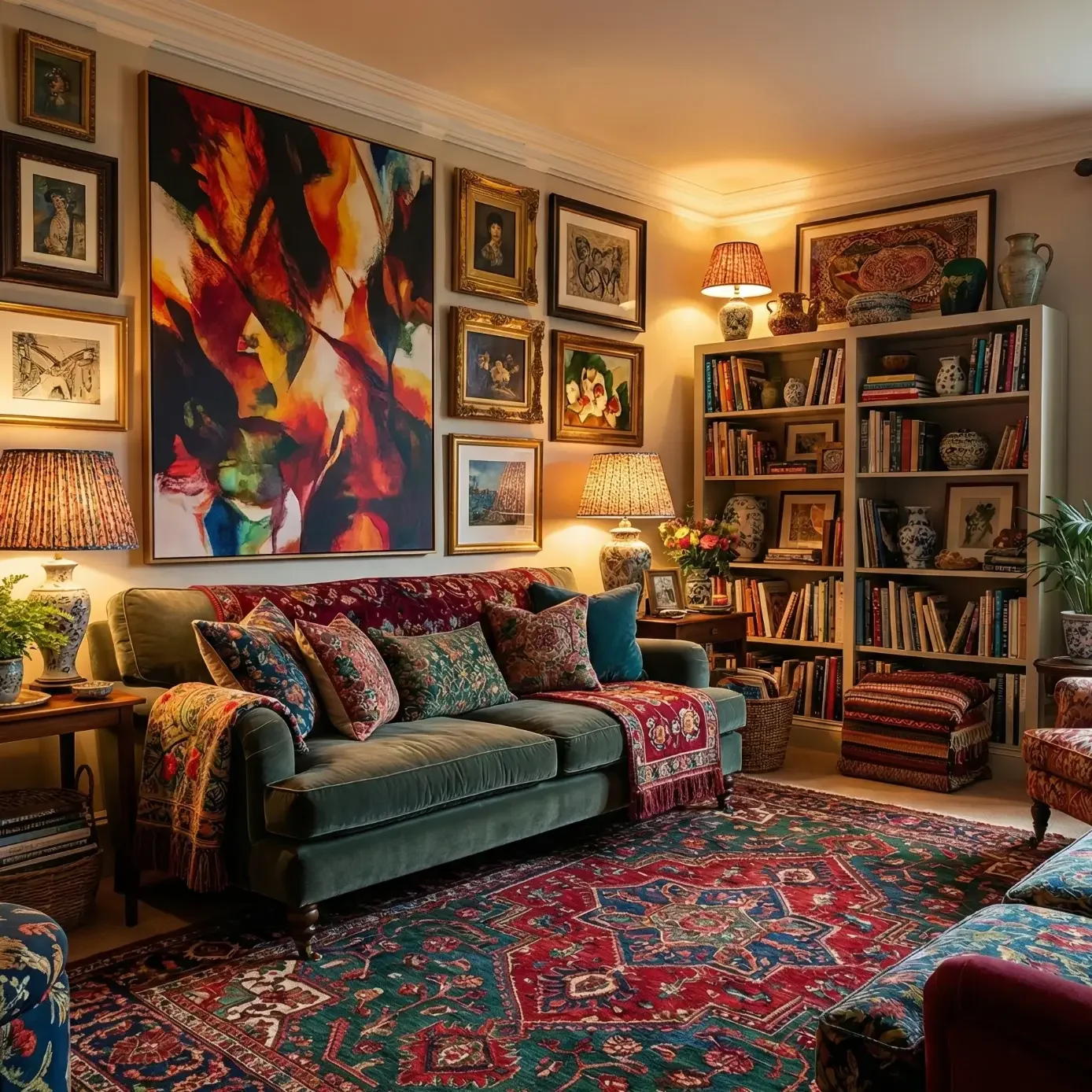 Cozy maximalist lounge with patterned textiles and warm lamplight