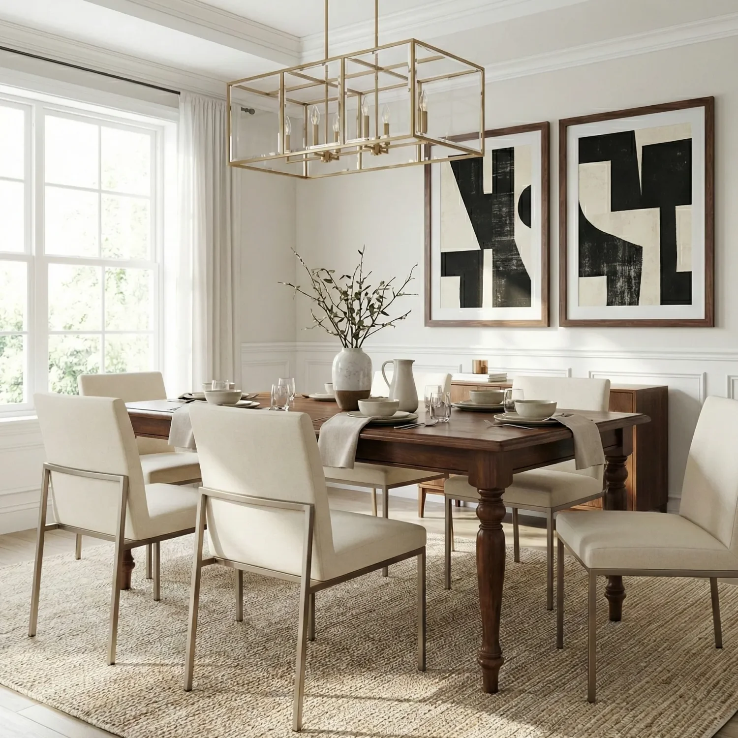 Neutral dining space with wooden table and upholstered chairs
