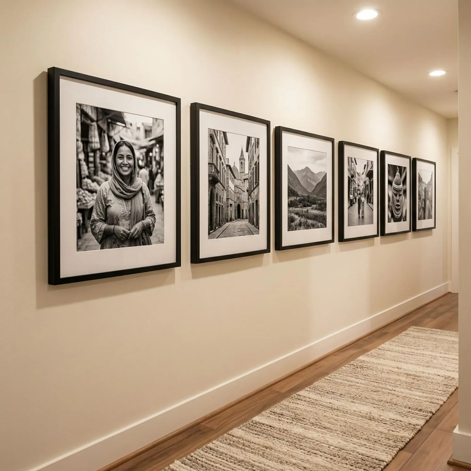 Hallway linear row of framed photos on wall