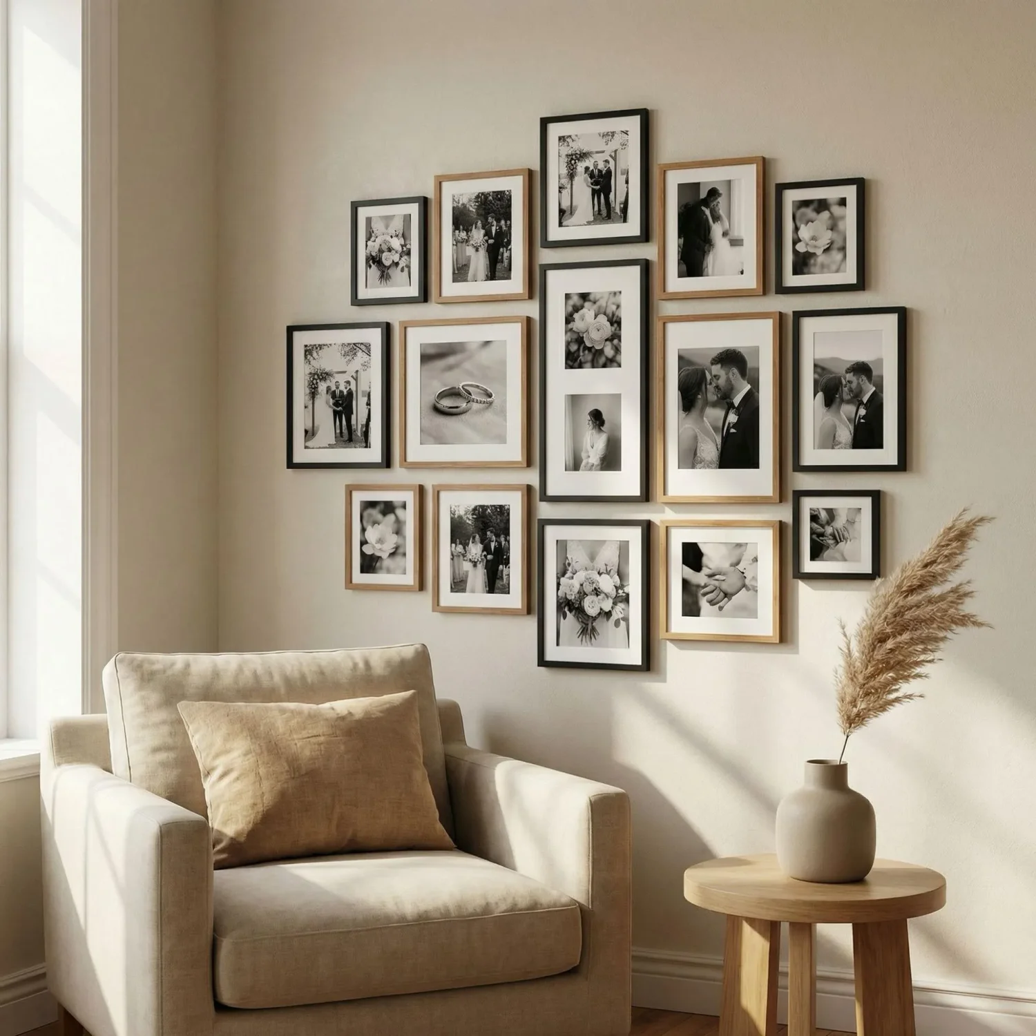 Clustered wedding framed photos in overlapping wall display