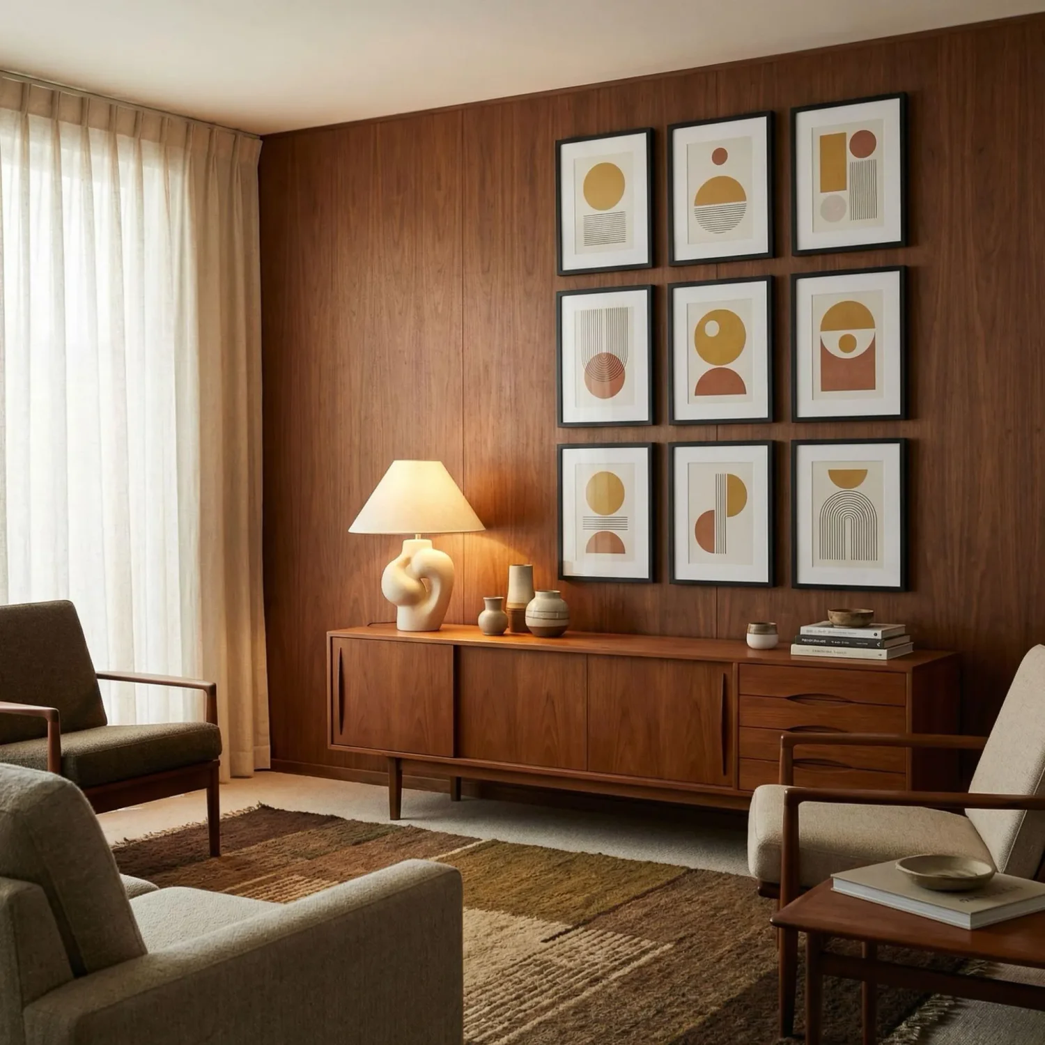 MCM grid of framed pictures on walnut wall