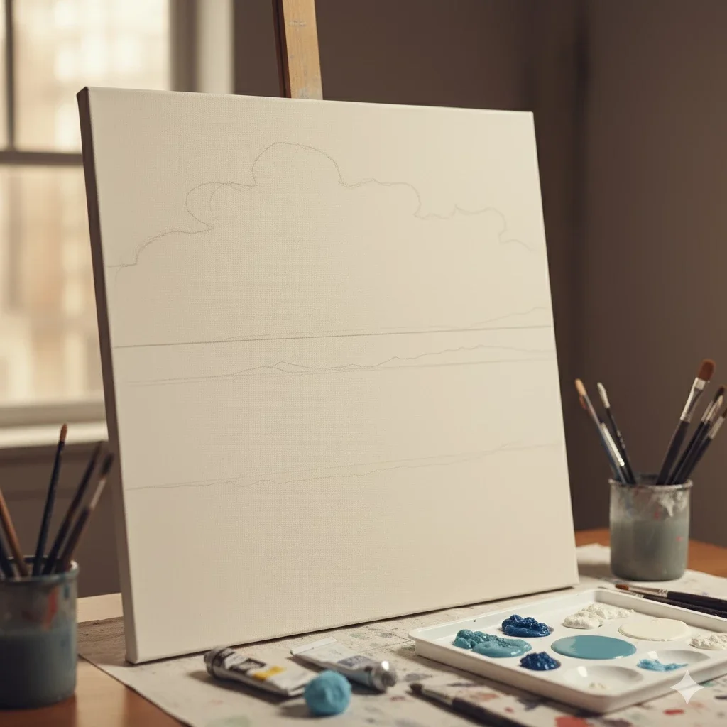 blank canvas with seascape sketch on easel