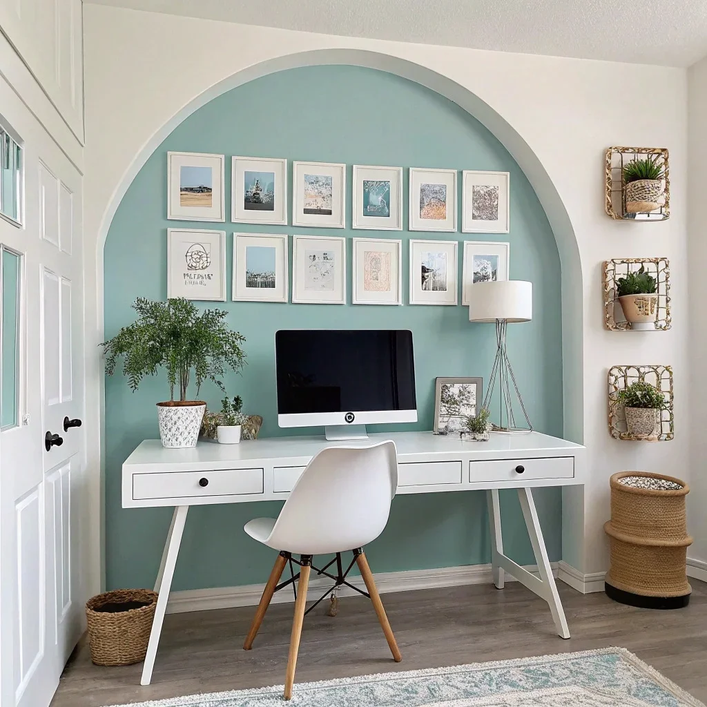 Modern home office with a painted accent wall behind the desk, color-matched accessories, and cohesive frames arranged in a clean layout.