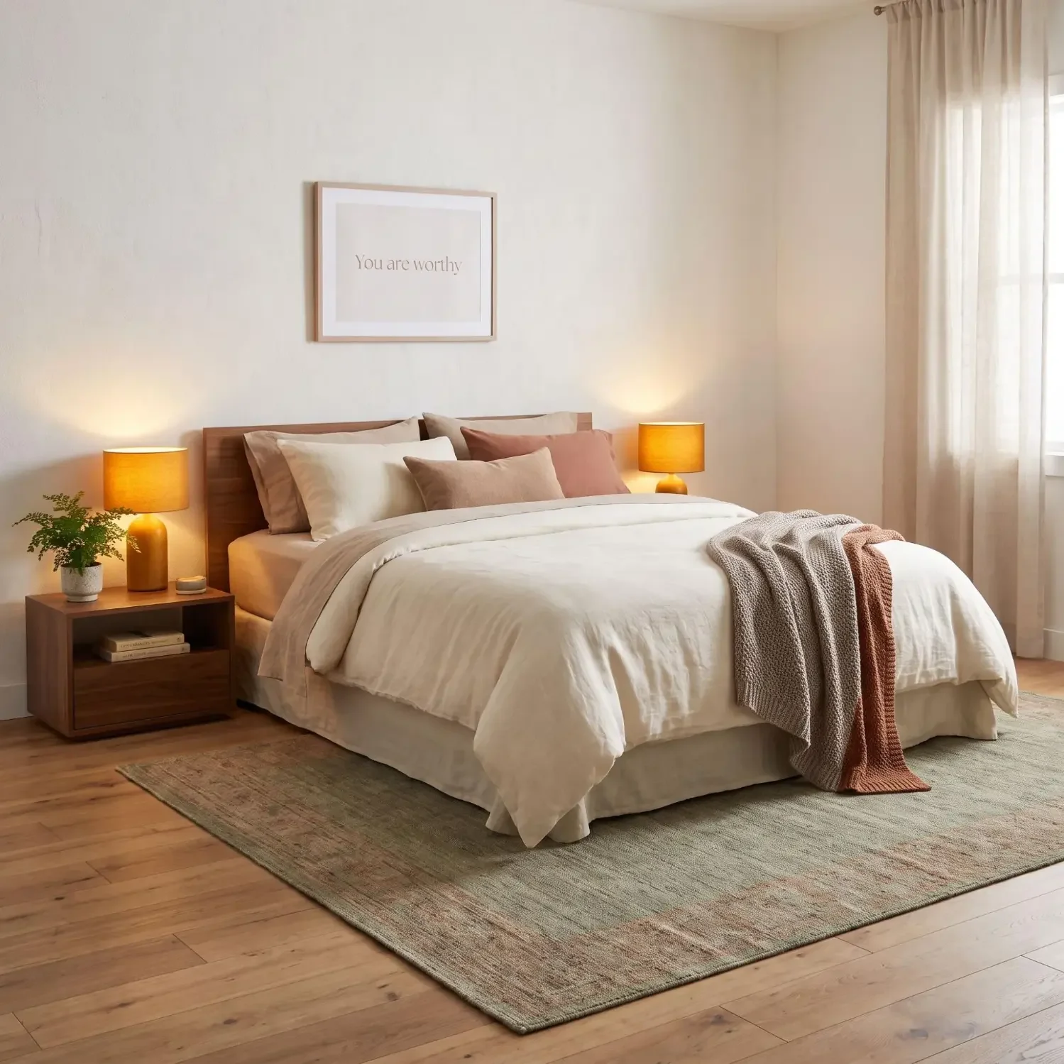 Bedroom with self-love affirmation above headboard