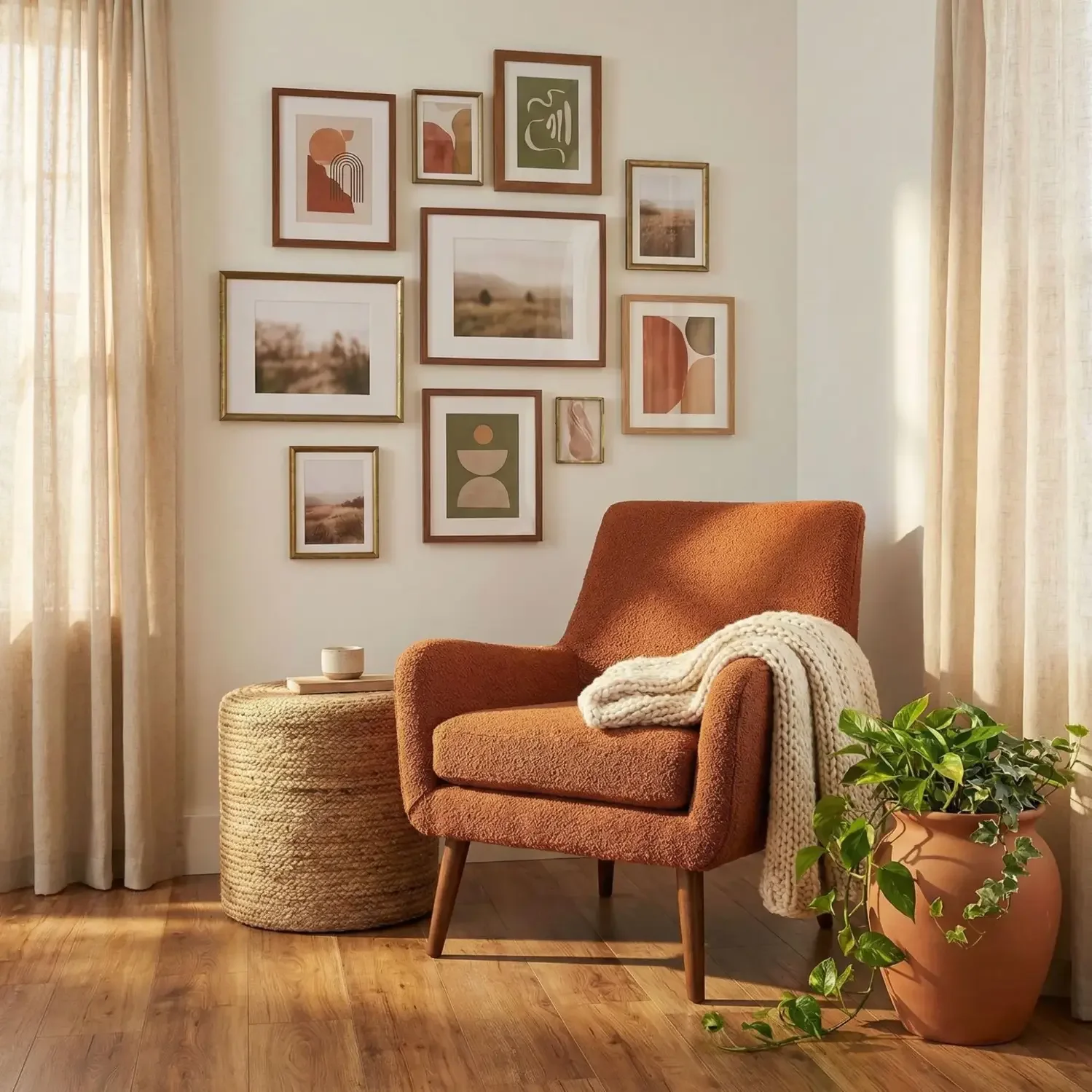 Boho mid-century nook with earthy framed wall art