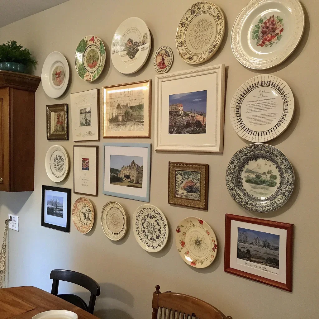 Decorative plate arrangement on a dining room wall balanced with framed recipe cards or travel photos.