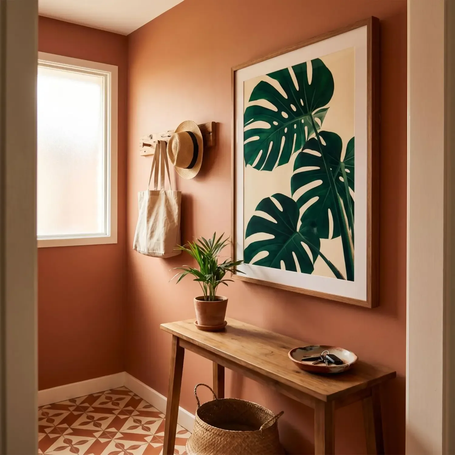 Tropical leaf framed art in a warm home entryway