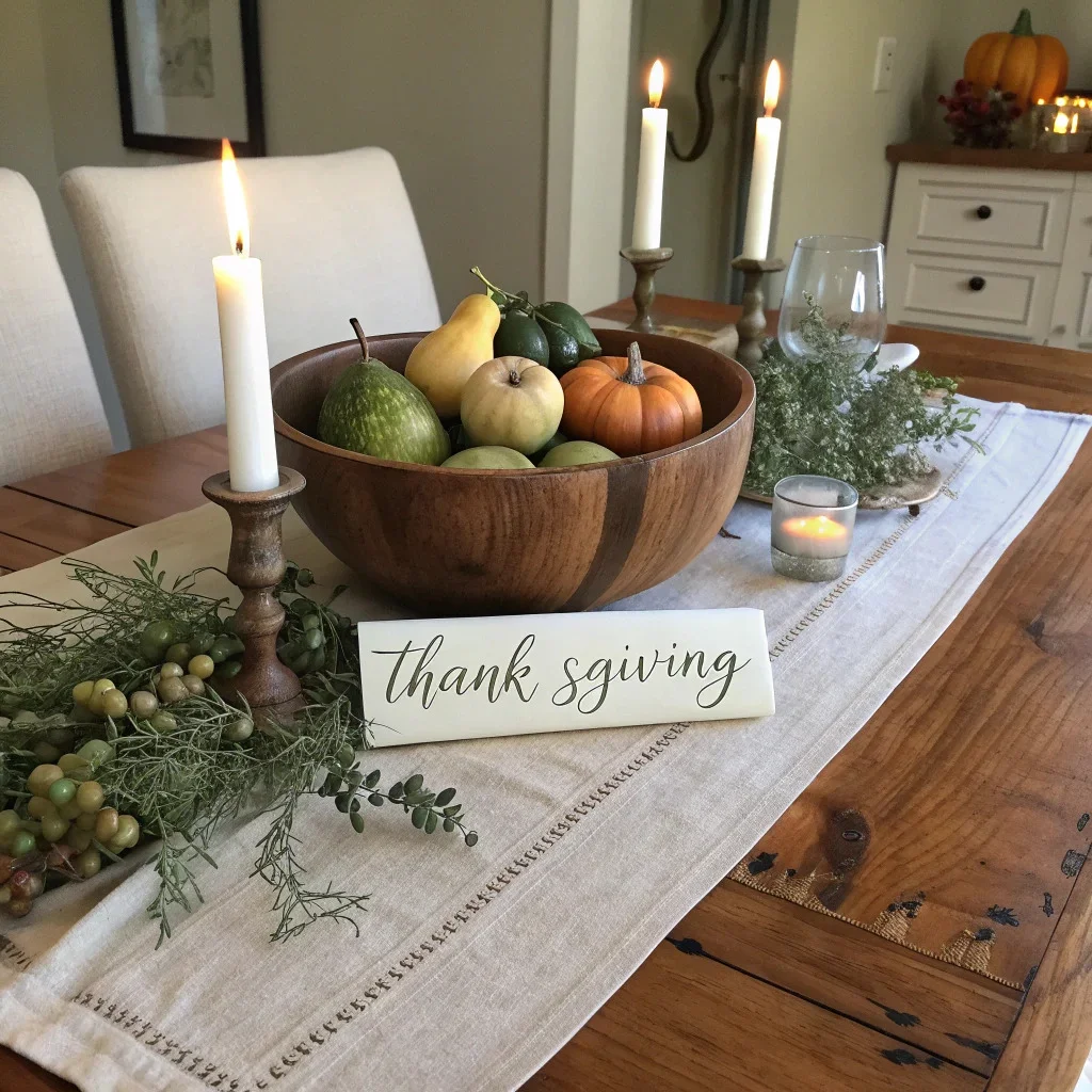A fall dining table with a linen or burlap runner, a wood or ceramic bowl filled with pears, gourds, and branches, and slim taper candles creating a warm, low centerpiece perfect for everyday meals or Thanksgiving.