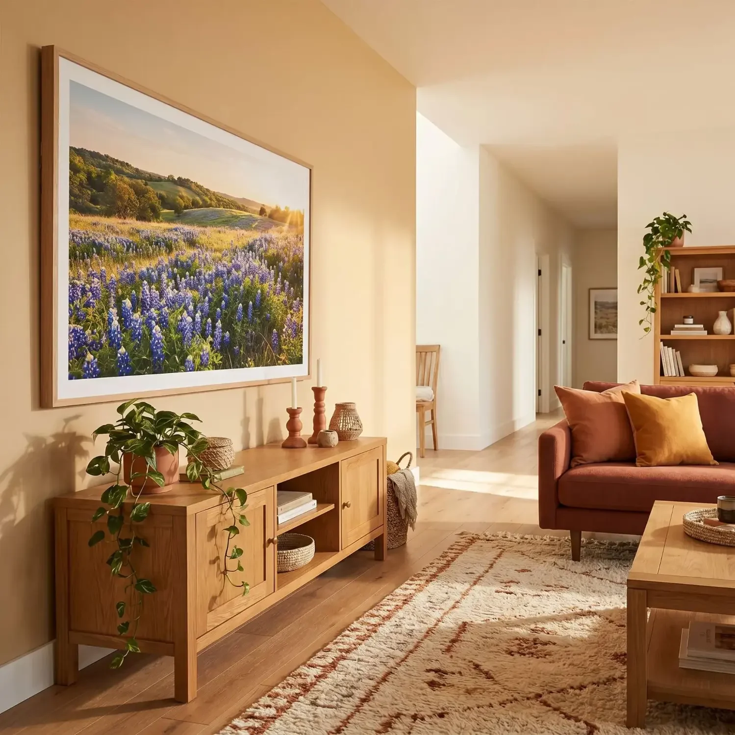 Panoramic bluebonnet field framed photo living room