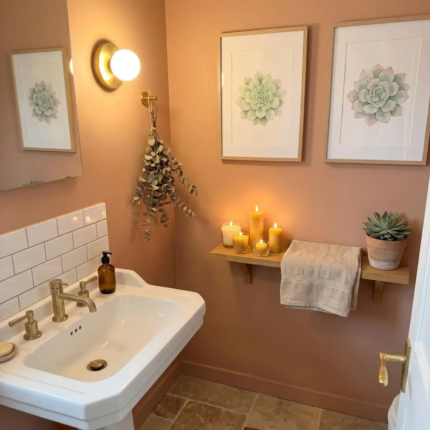 Watercolor succulent framed art in spa bathroom
