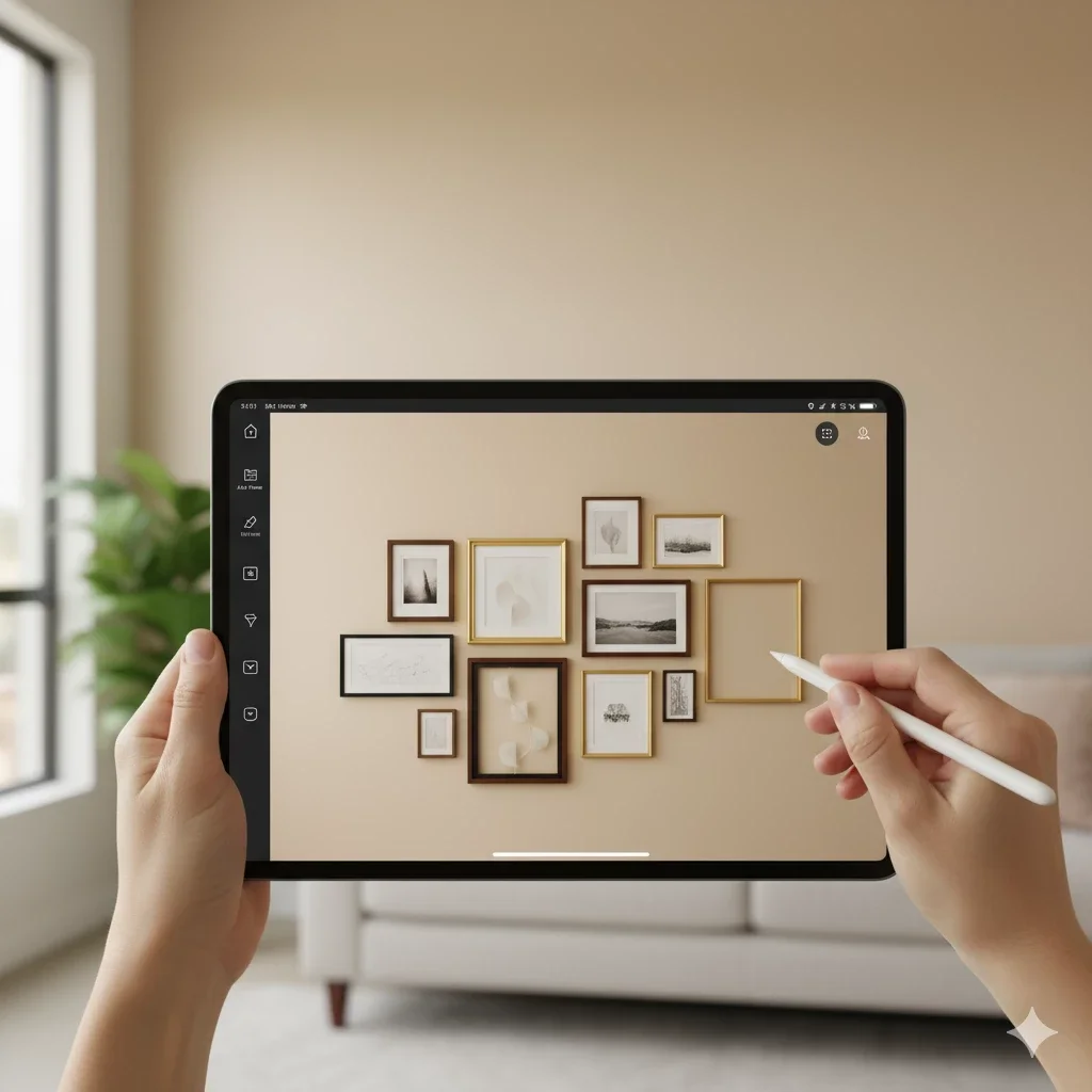 designing a gallery wall on tablet with stylus