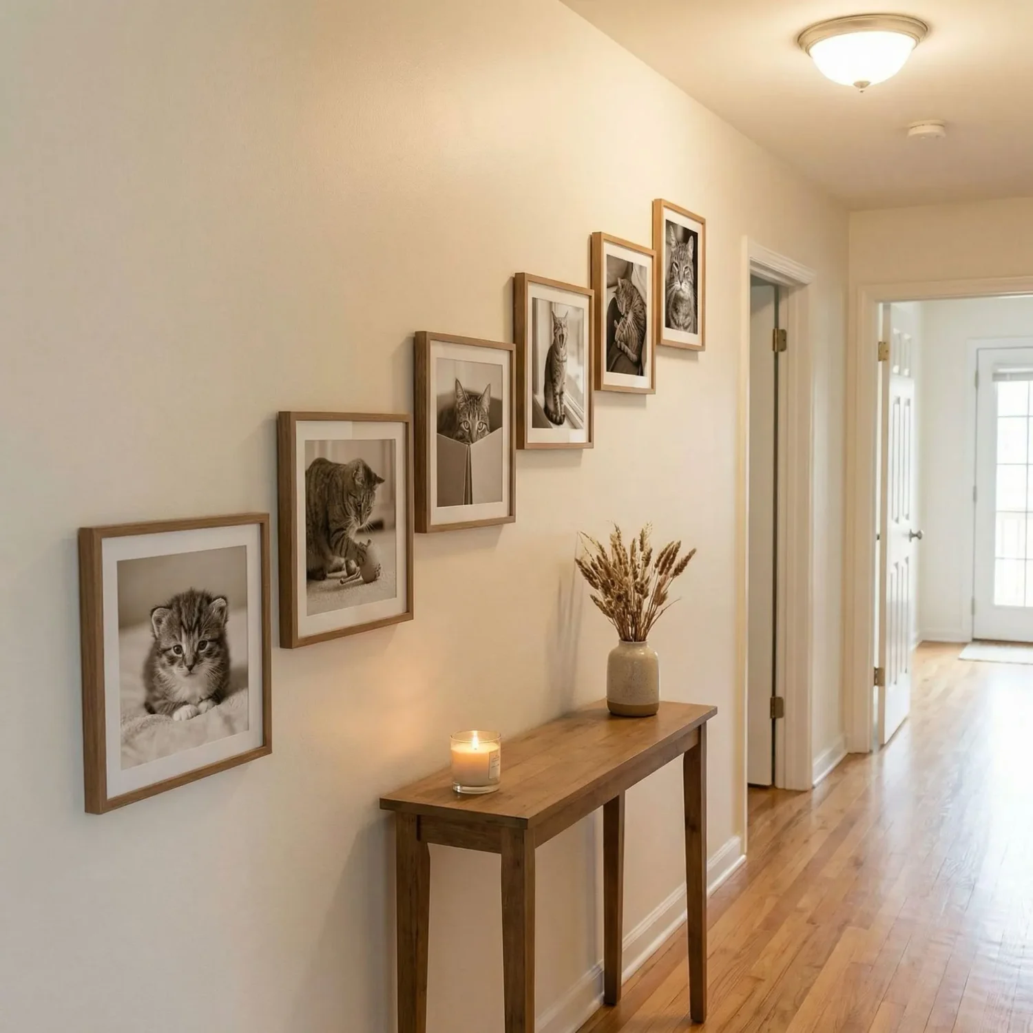 Hallway staggered cat photo timeline from kitten to adult